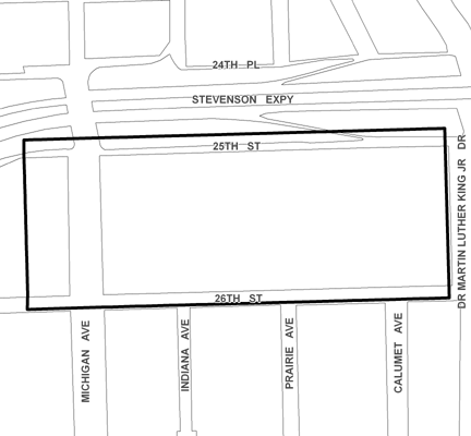 26th/King TIF district, roughly bounded on the north by 25th Street, 26th Street on the south, Dr. Martin Luther King Jr. Drive on the east, and Michigan Avenue on the west.